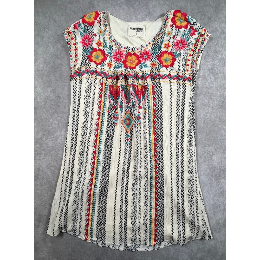 Savanna Jane Womens Small Mini Dress Rayon Ivory Floral Embroidered Boho Lined